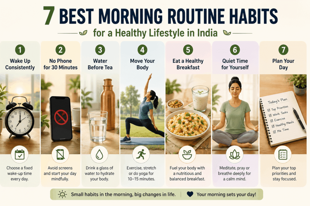 Infographic showing the 7 best morning routine habits for a healthy lifestyle in India, including hydration, exercise, healthy breakfast, mindfulness, and daily planning.