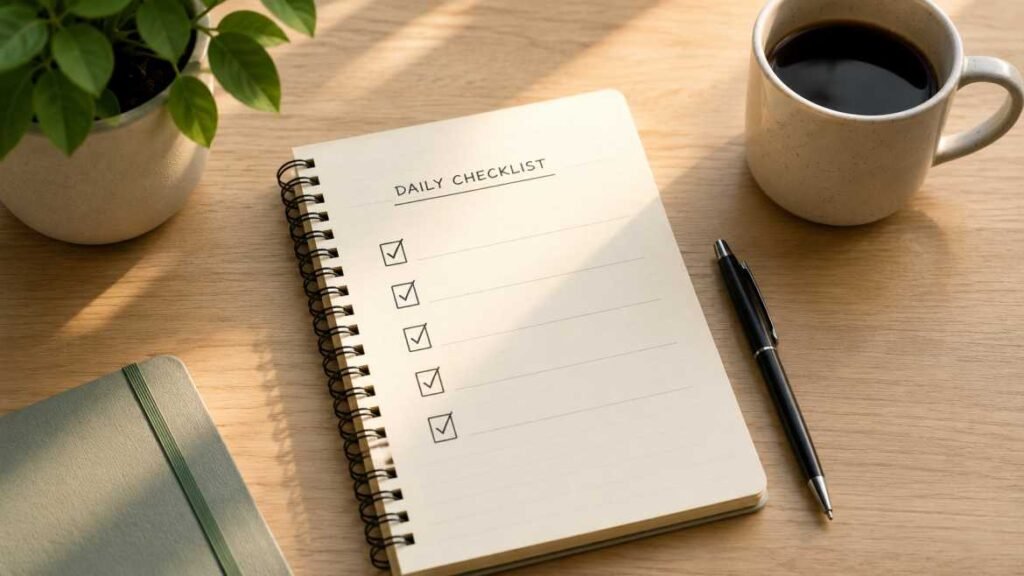 Minimal daily checklist infographic with a notebook, checkboxes, coffee, and workspace items, illustrating a simple daily routine for productivity and work-life balance.