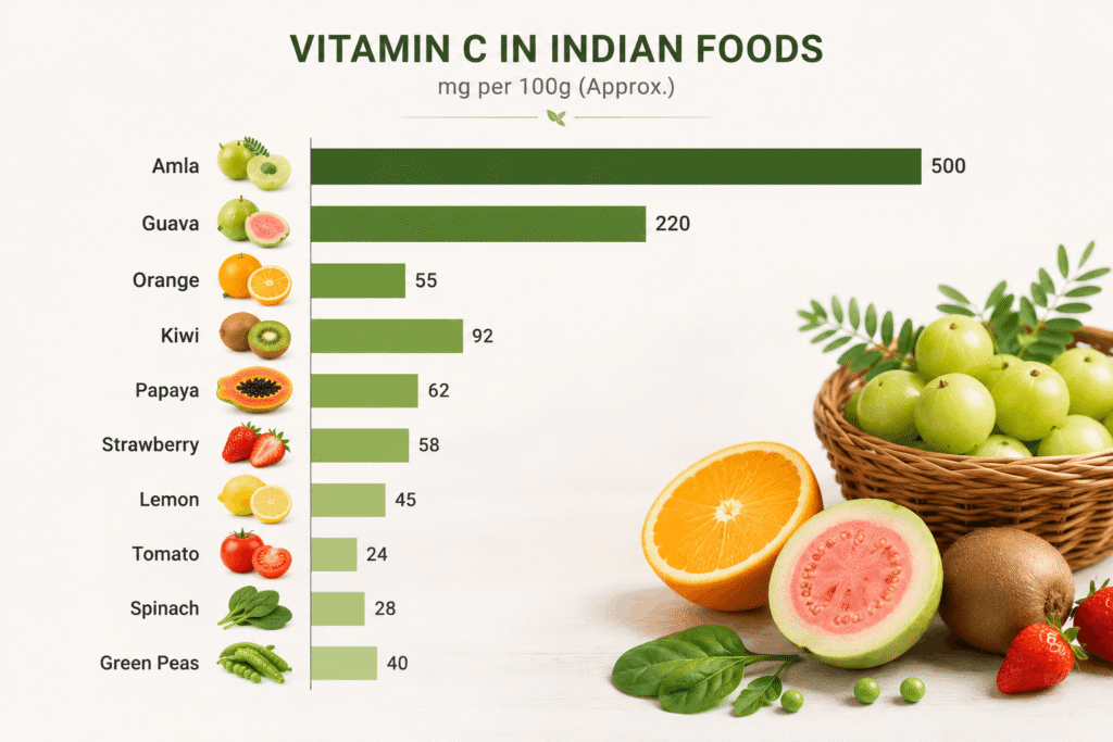 Chart comparing vitamin C content in different Indian foods
