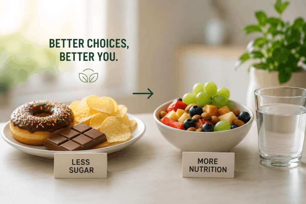A healthy food comparison showing fresh fruits, nuts, and water replacing sugary snacks and processed foods in a bright kitchen setting.