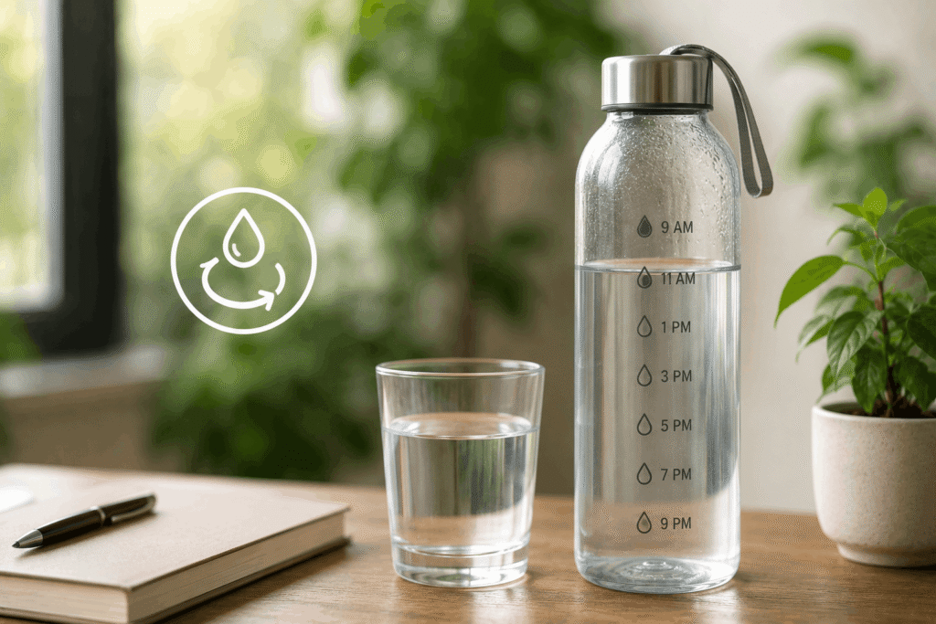 A reusable water bottle with time markers on a wooden table, encouraging consistent hydration throughout the day.