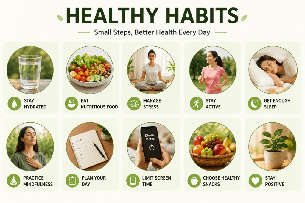 Healthy habits infographic showing daily wellness tips including hydration, healthy eating, exercise, sleep, mindfulness, and stress management.