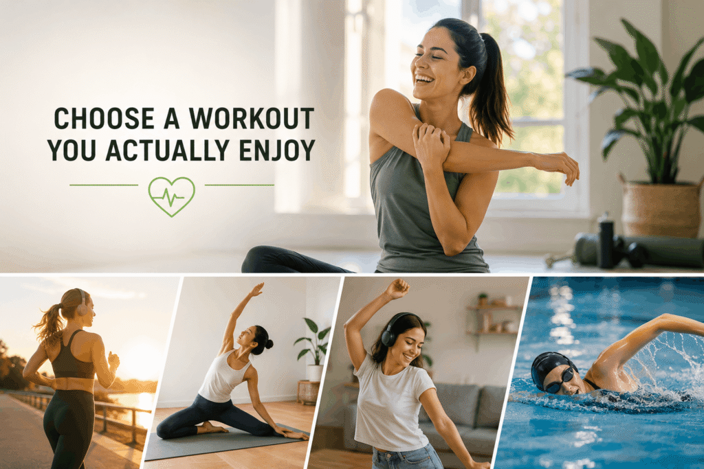 A collage showing people enjoying different workouts like jogging, yoga, dancing, and swimming, promoting fun and sustainable fitness.