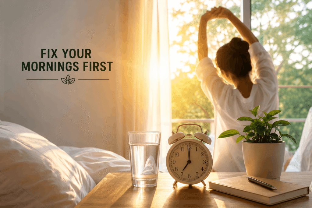 A person stretching near a sunlit window beside a glass of water and an alarm clock, representing a healthy morning routine and positive lifestyle habits.