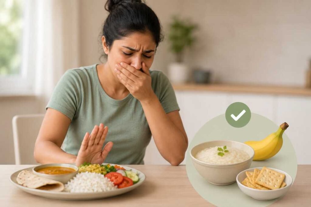 Person experiencing nausea while choosing bland foods like rice, banana, and crackers during GLP-1 weight loss treatment.