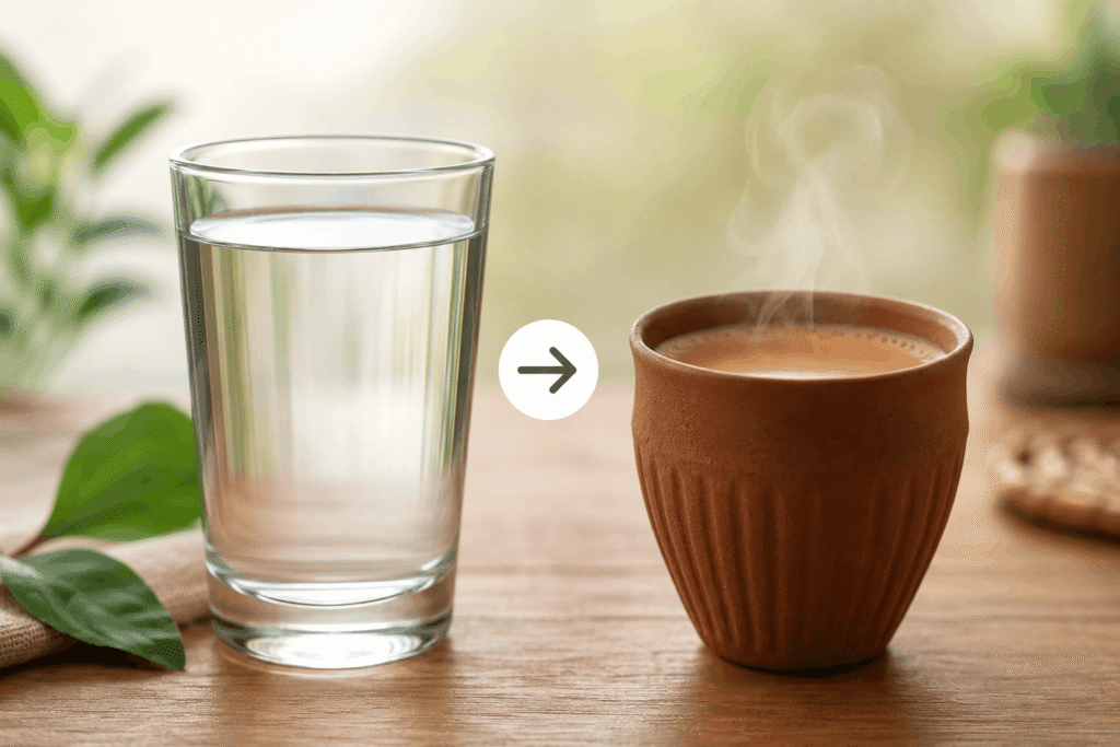 A glass of water placed before a steaming cup of chai, illustrating the healthy habit of drinking water before tea.
