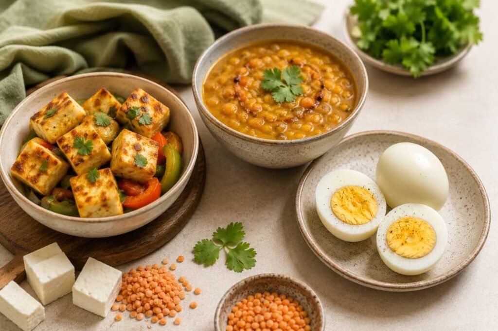 High-protein Indian foods paneer eggs dal