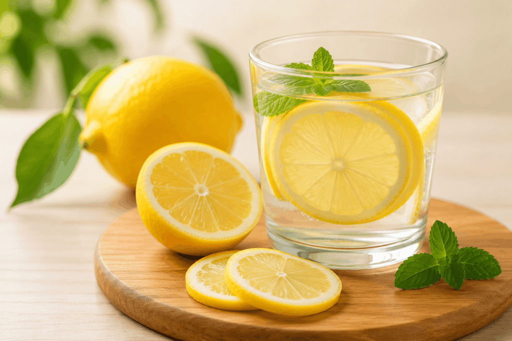 Sliced lemon and lemon water, a natural vitamin C source