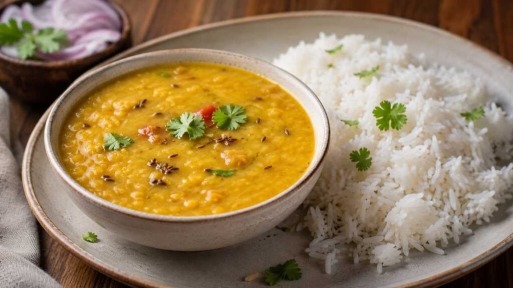  Thick moong dal bowl paired with rice for complete protein