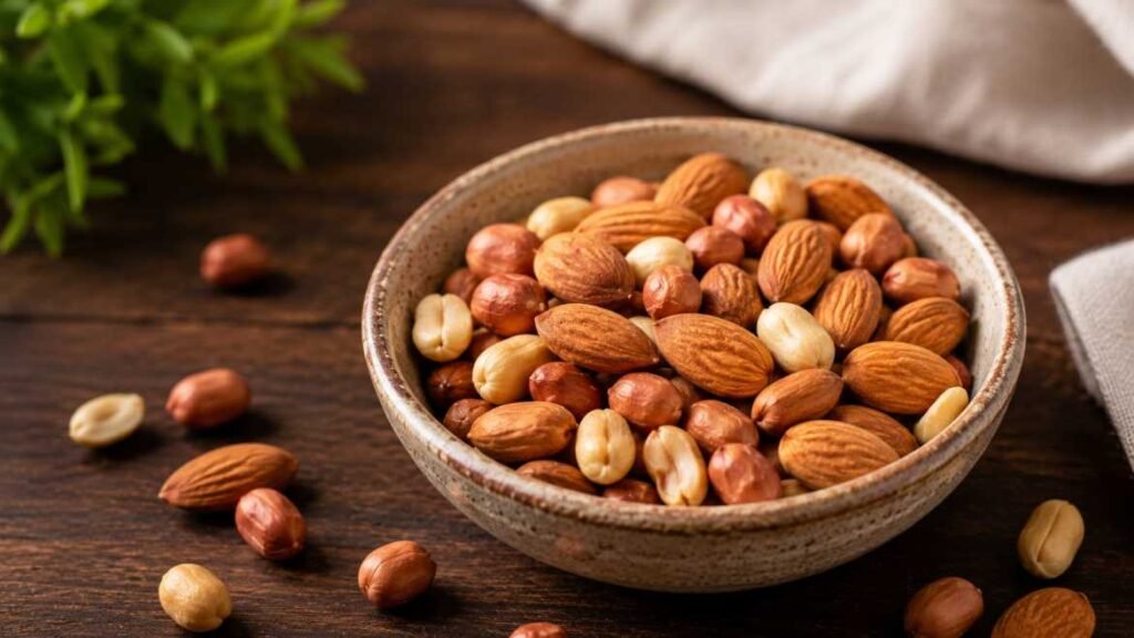 Handful of peanuts and almonds, a quick protein-rich snack