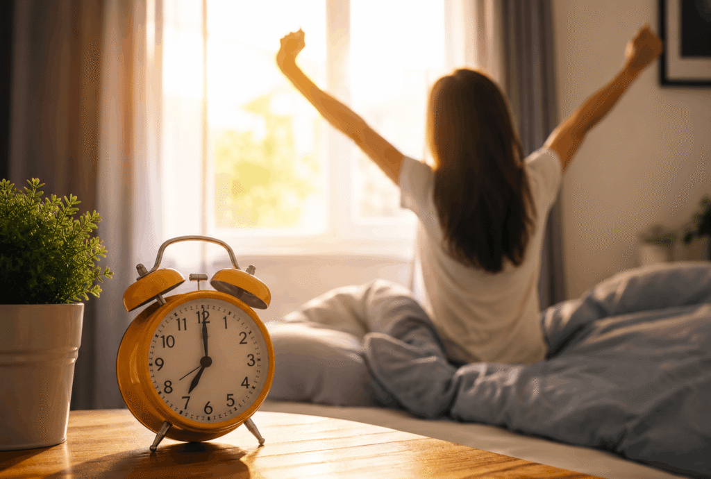 morning routine, healthy wake up, realistic wake up time, consistent sleep schedule, healthy lifestyle, morning habits, daily routine, alarm clock, sunrise bedroom, wellness lifestyle, sleep routine, productivity habits, self improvement, balanced lifestyle, morning motivation, healthy sleep, natural morning light, sustainable habits, habit building, realistic goals