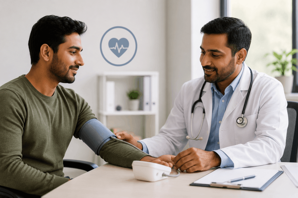 A doctor checking a patient's blood pressure during a routine health examination in a modern clinic.