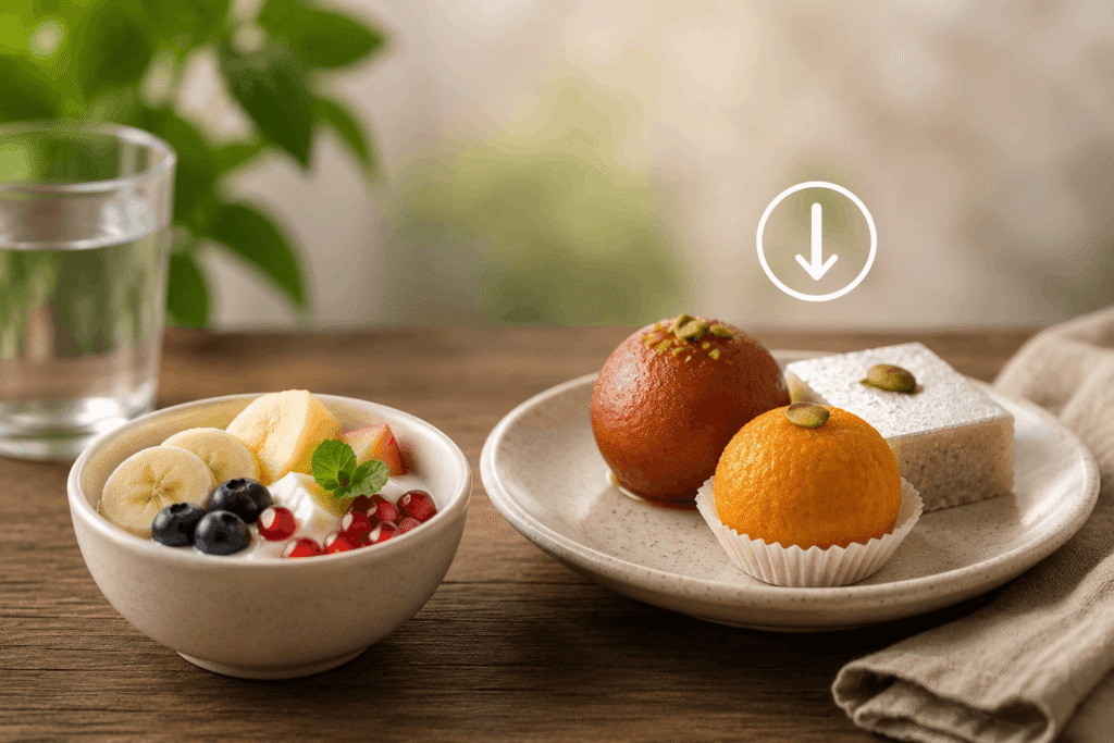 A balanced food scene with fresh fruit and yogurt alongside traditional Indian mithai, representing mindful sugar consumption instead of complete restriction.