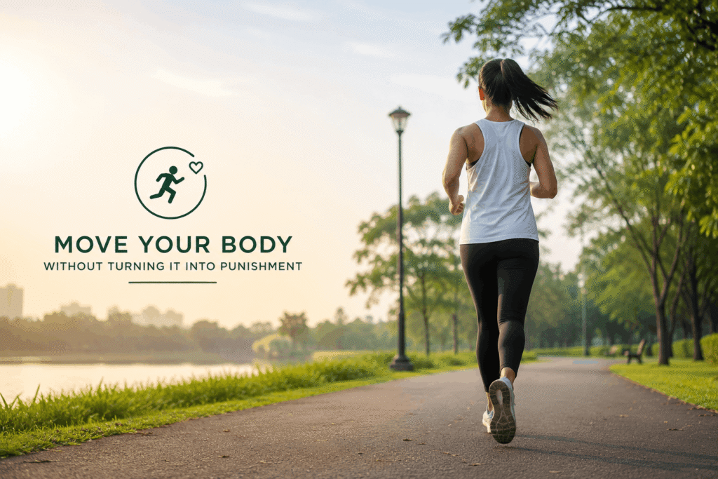 A person jogging peacefully in a green park during sunrise, representing enjoyable daily movement and a healthy lifestyle without pressure.
