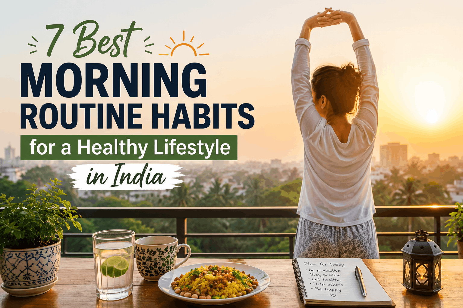 7 Best Morning Routine Habits for a Healthy Lifestyle in India with sunrise, stretching, healthy breakfast, and daily planning.