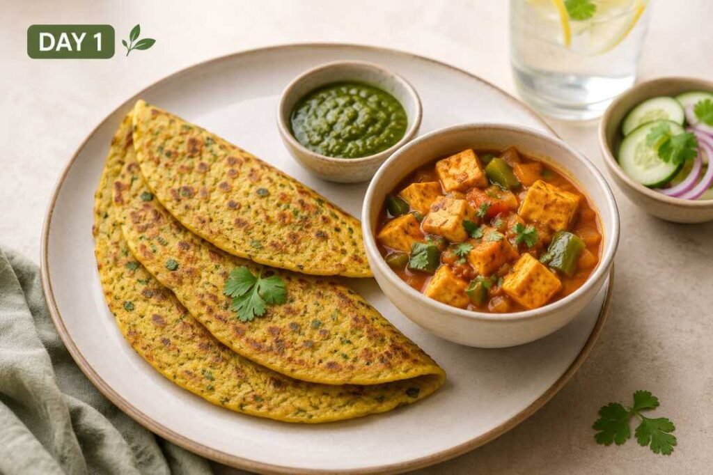 Day [X] meal in 7-day Indian diet plan - [dish name, e.g. moong dal chilla and paneer sabzi]