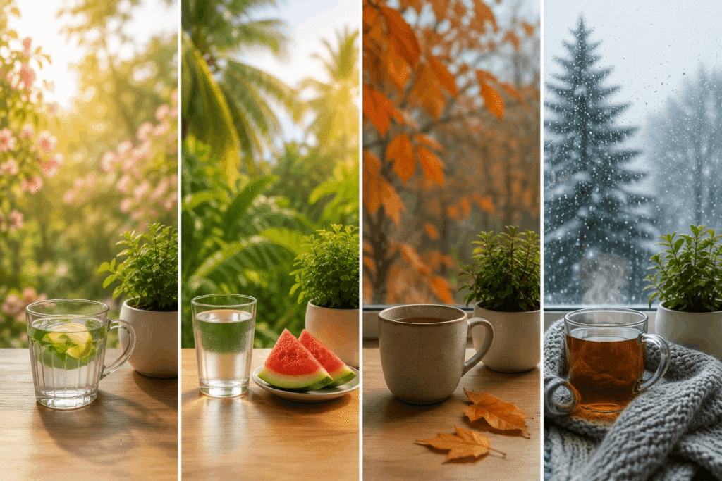 Four seasonal morning scenes showing how a healthy morning routine can be adapted for spring, summer, monsoon, and winter