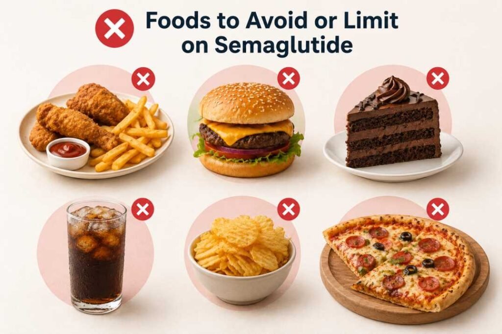 showing foods to avoid or limit while taking Semaglutide, including fried foods, burgers, sugary desserts, soda, chips, and pizza.