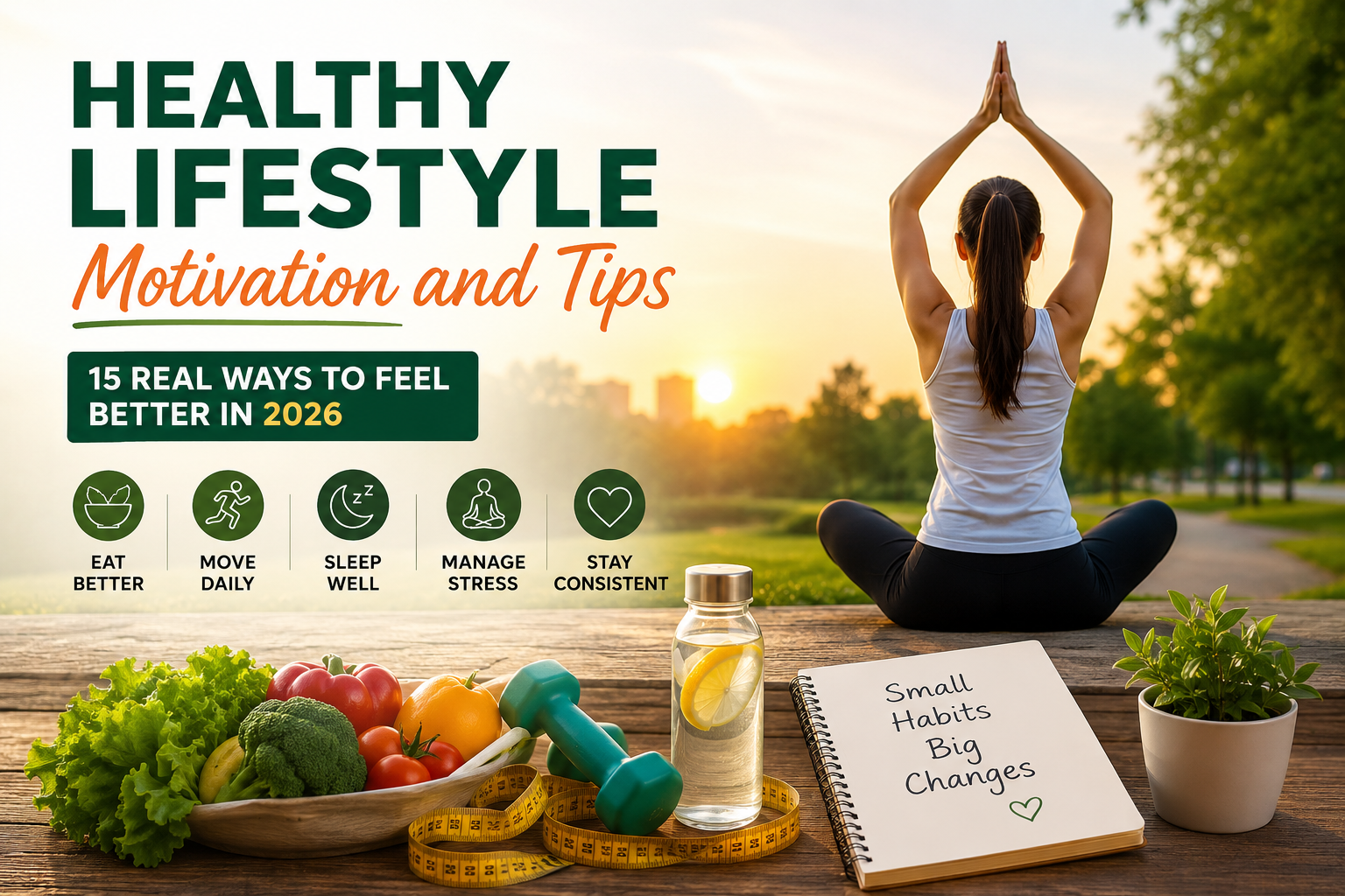 A healthy lifestyle concept image featuring a woman practicing yoga at sunrise with fresh vegetables, dumbbells, infused water, and wellness icons representing healthy habits.