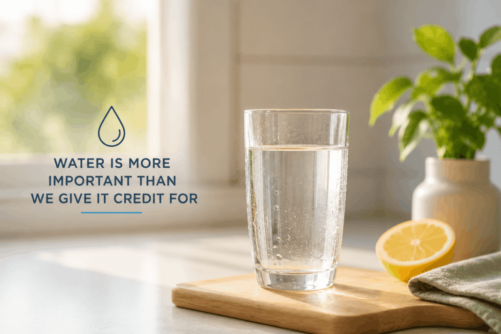 A refreshing glass of water on a wooden table with natural sunlight and a lemon slice, symbolizing hydration and healthy daily habits.