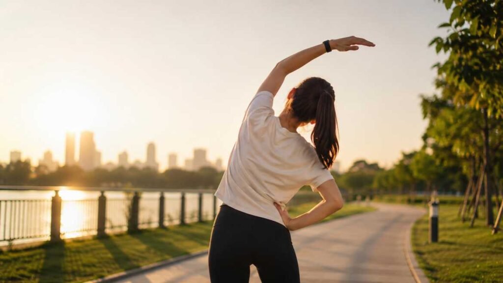 Person stretching outdoors in a park during sunrise, encouraging light daily exercise for better physical health, mental wellness, and work-life balanwork life balance tipsce.