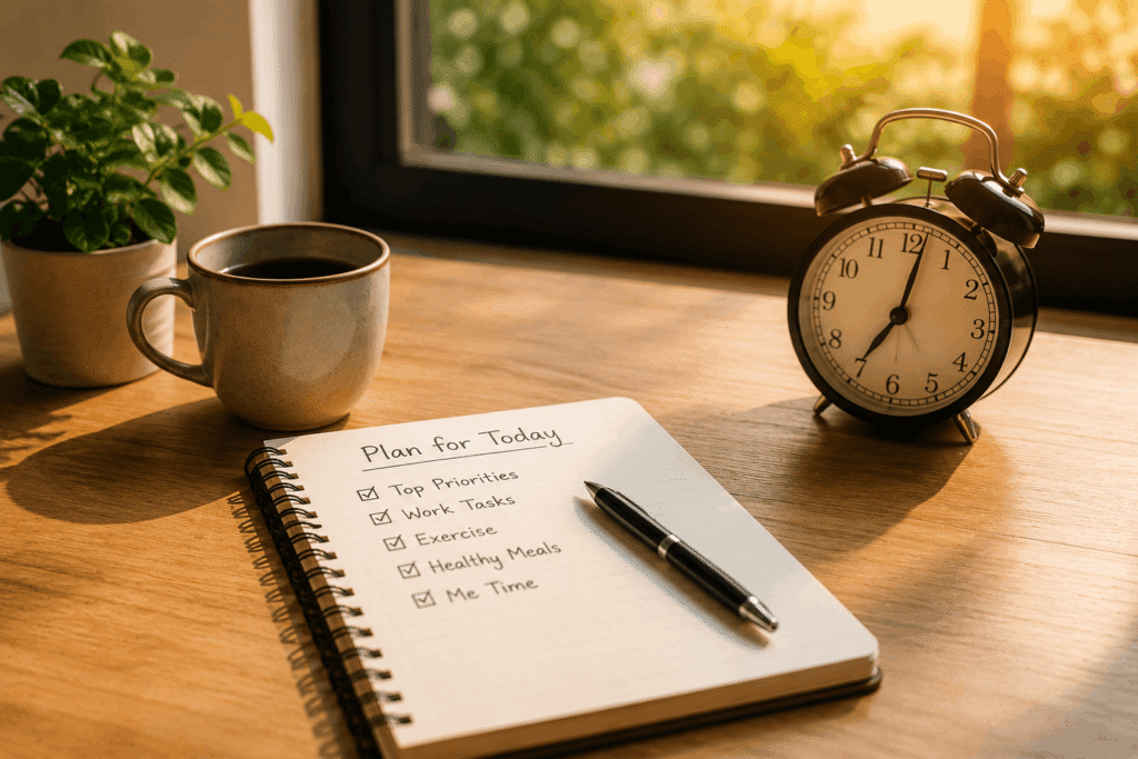 Morning planner with notebook, coffee, alarm clock, and daily to-do list for planning a productive and healthy day.