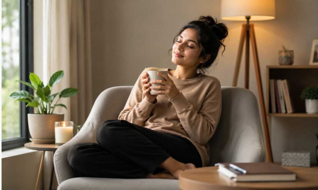 Professional relaxing during scheduled personal time in a calm, minimalist home environment with a warm cup of coffee.