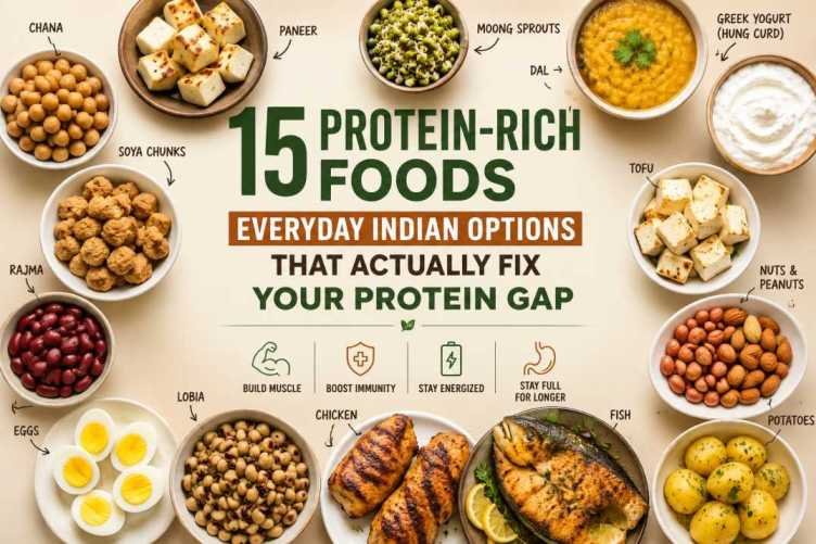 protein-rich foods including paneer, eggs, chicken, fish, dal, tofu, sprouts, chickpeas, rajma, Greek yogurt, and nuts for a healthy Indian diet.