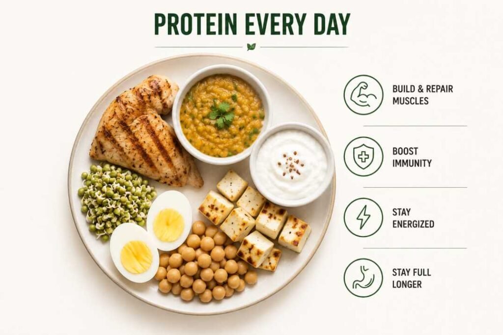 protein-rich foods including paneer, eggs, chicken, fish, dal, chickpeas, sprouts, tofu, and Greek yogurt for a healthy Indian diet.