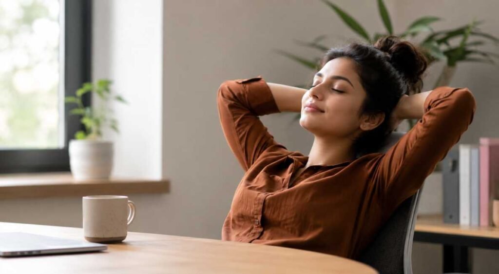 Person relaxing in a comfortable chair during a work break in a bright minimalist office with natural light.