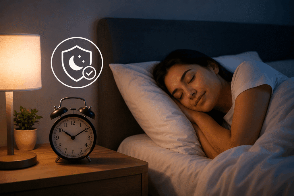 A peaceful bedroom with a person sleeping comfortably, symbolizing the importance of protecting sleep for overall health and well-being.