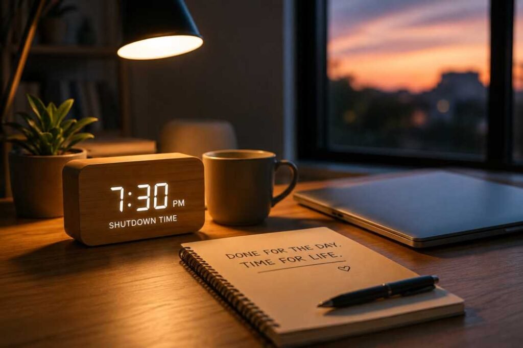 Clean evening workspace with a closed laptop, clock showing shutdown time, and notebook, symbolizing a healthy work-life balance routine.