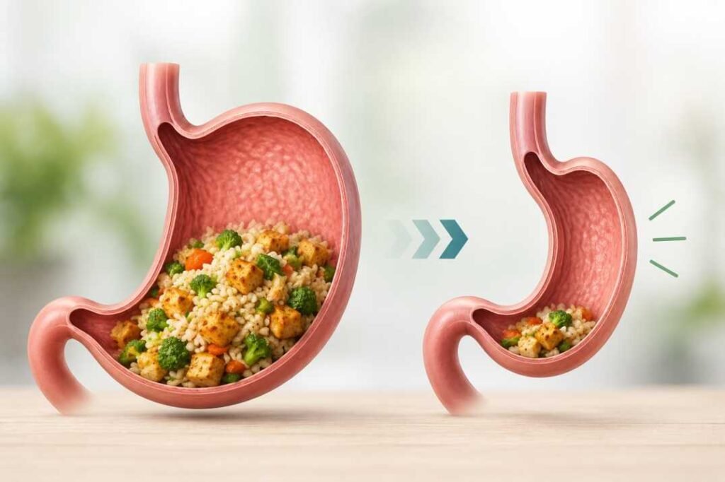Medical illustration showing reduced stomach capacity after GLP-1 weight loss treatment with comparison of larger and smaller stomach.
