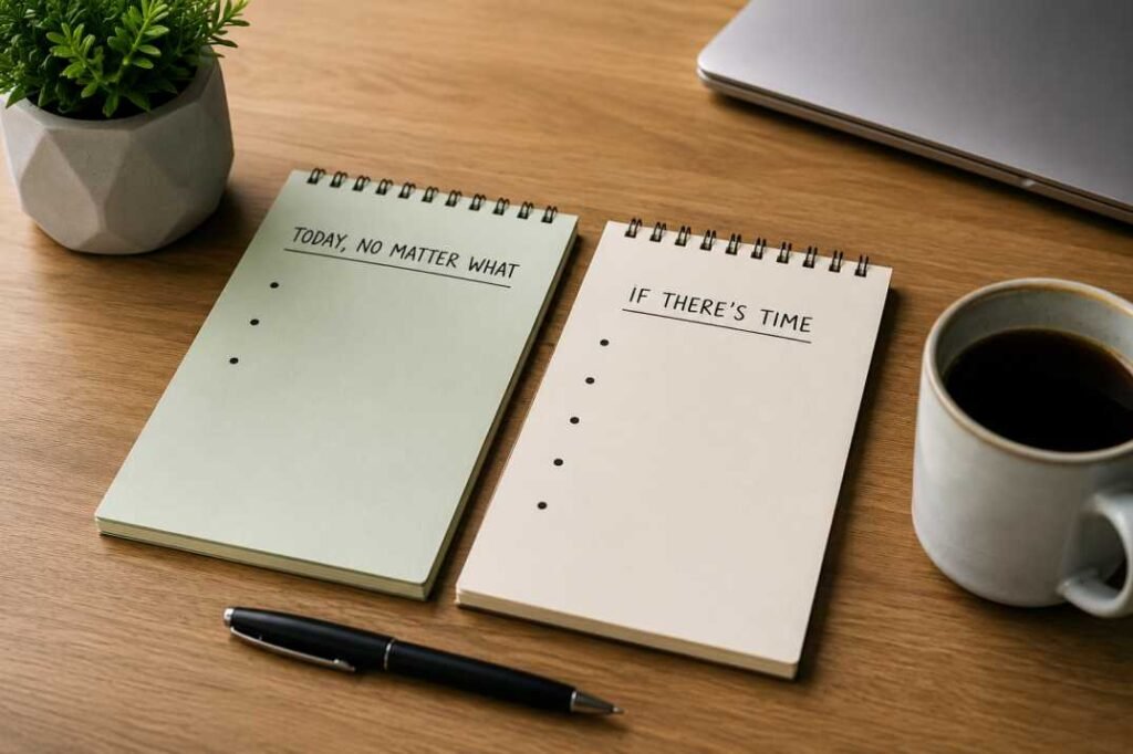 Minimalist workspace with two notepads for priority tasks and secondary tasks, promoting better time management and productivity.