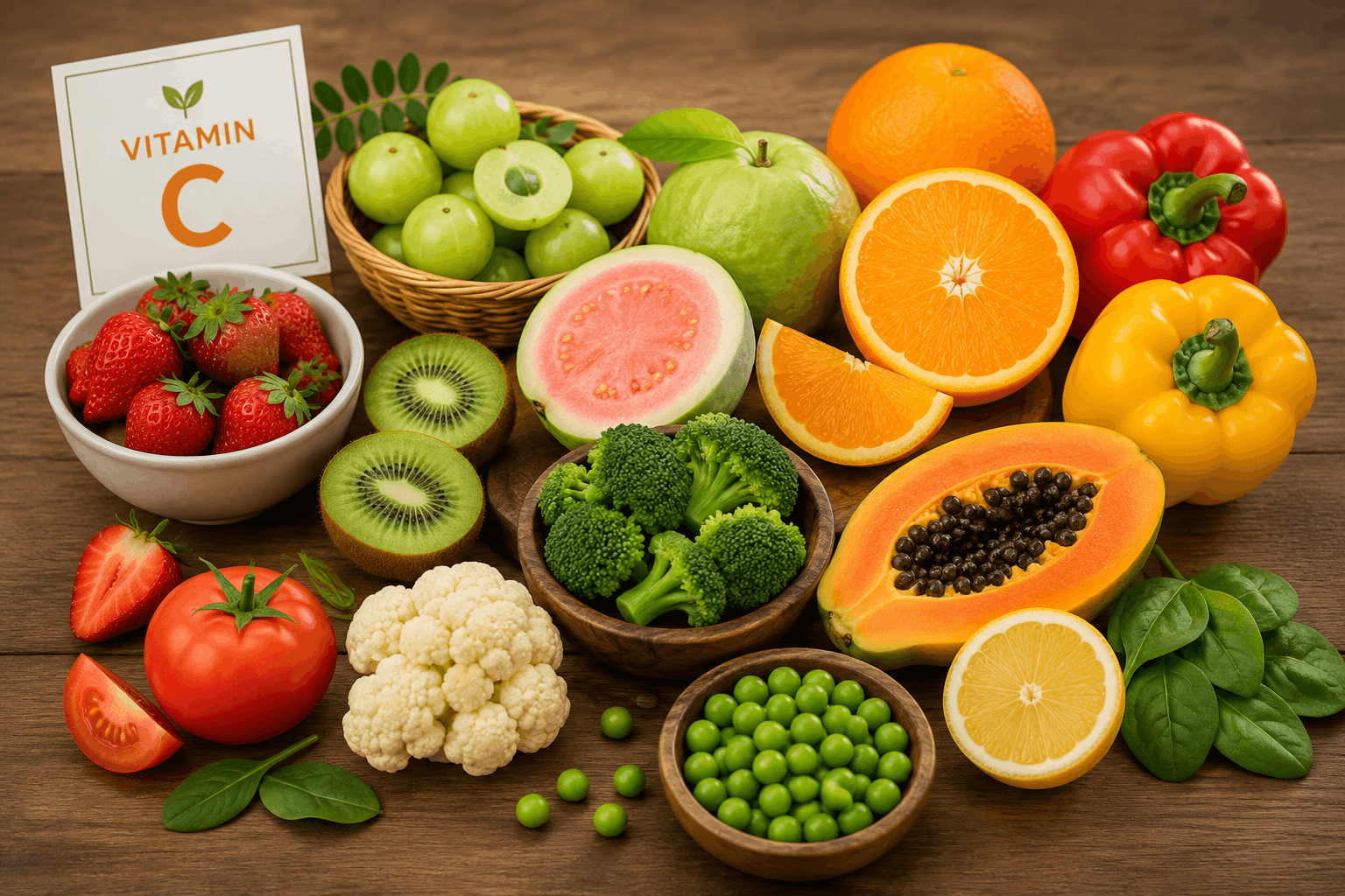 Vitamin C rich foods including fresh green peas, a natural source of vitamin C