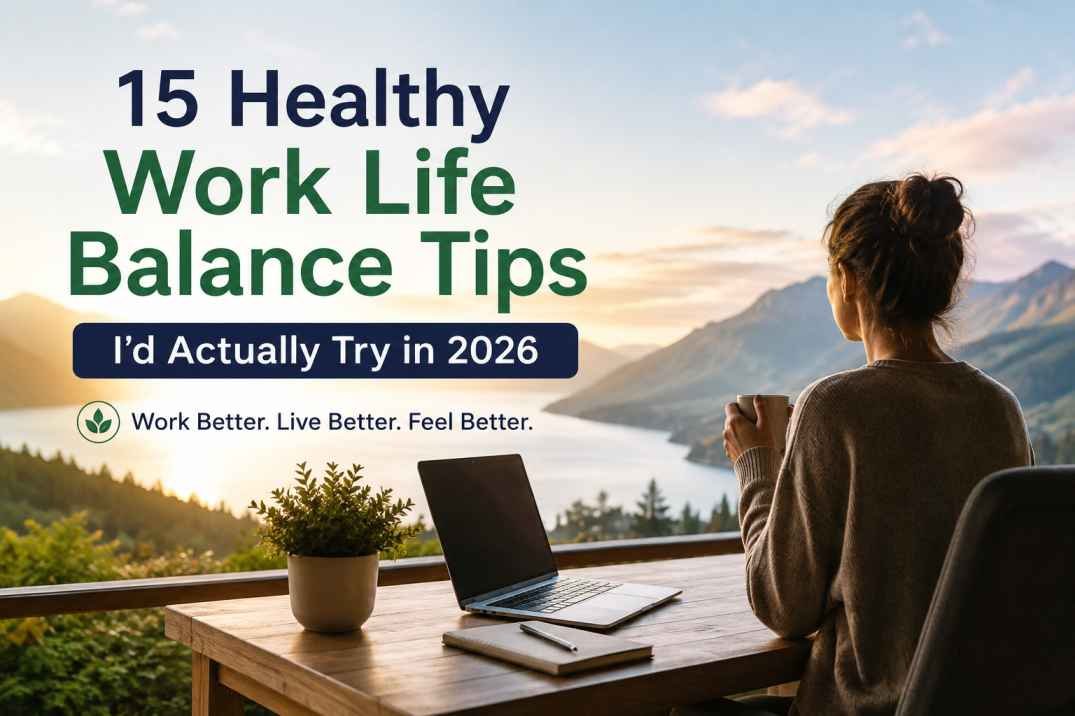 Woman working on a laptop outdoors with a scenic mountain view, representing healthy work life balance, productivity, stress management, and remote work.