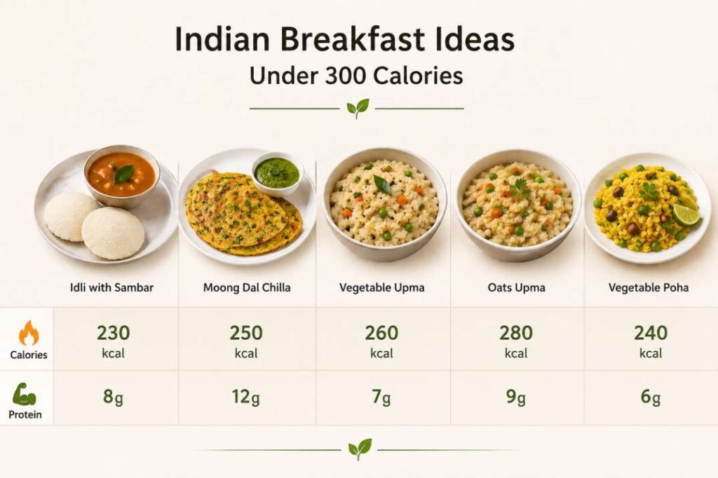 Calorie and protein comparison chart of Indian breakfast ideas under 300 calories