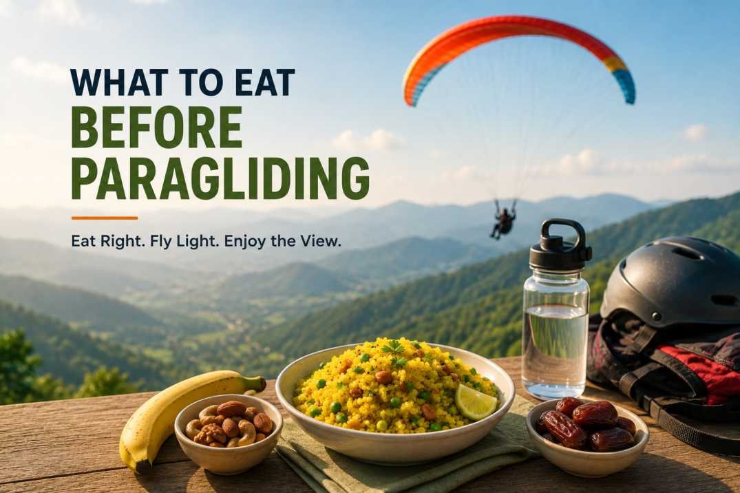 eat before paragliding in India with healthy breakfast, nuts, dates, banana, and a paraglider flying over hills