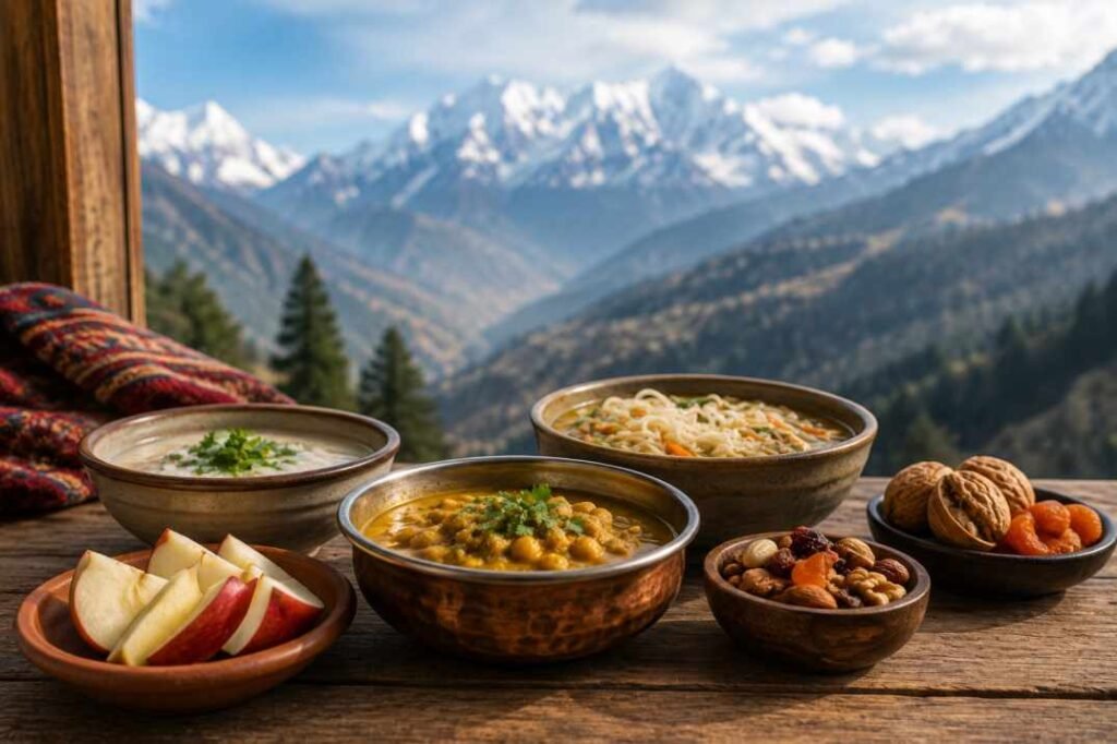 Eat changes as you climb higher in Himachal Pradesh with healthy mountain foods, warm soup, nuts, fruits, and traditional meals for high-altitude travel.