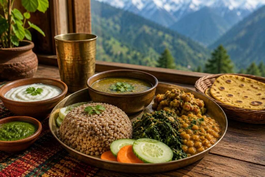 Healthy Himachali meal with dal, local vegetables, curd, millet, chutney, and fresh mountain food served in Himachal Pradesh.