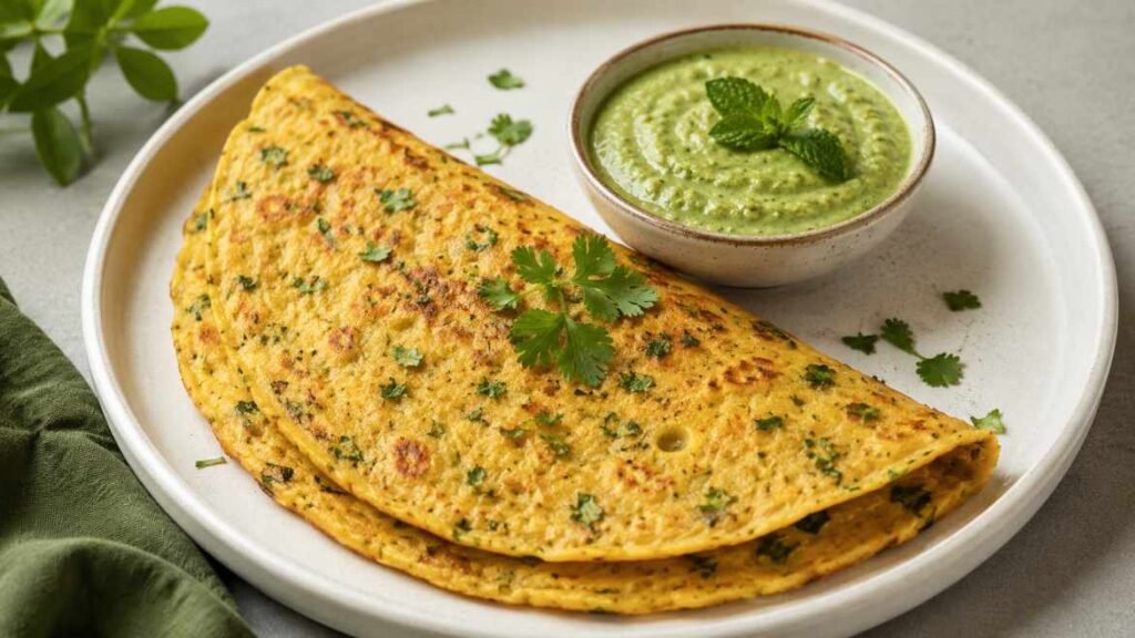 Moong dal chilla with mint chutney, a high-protein Indian breakfast