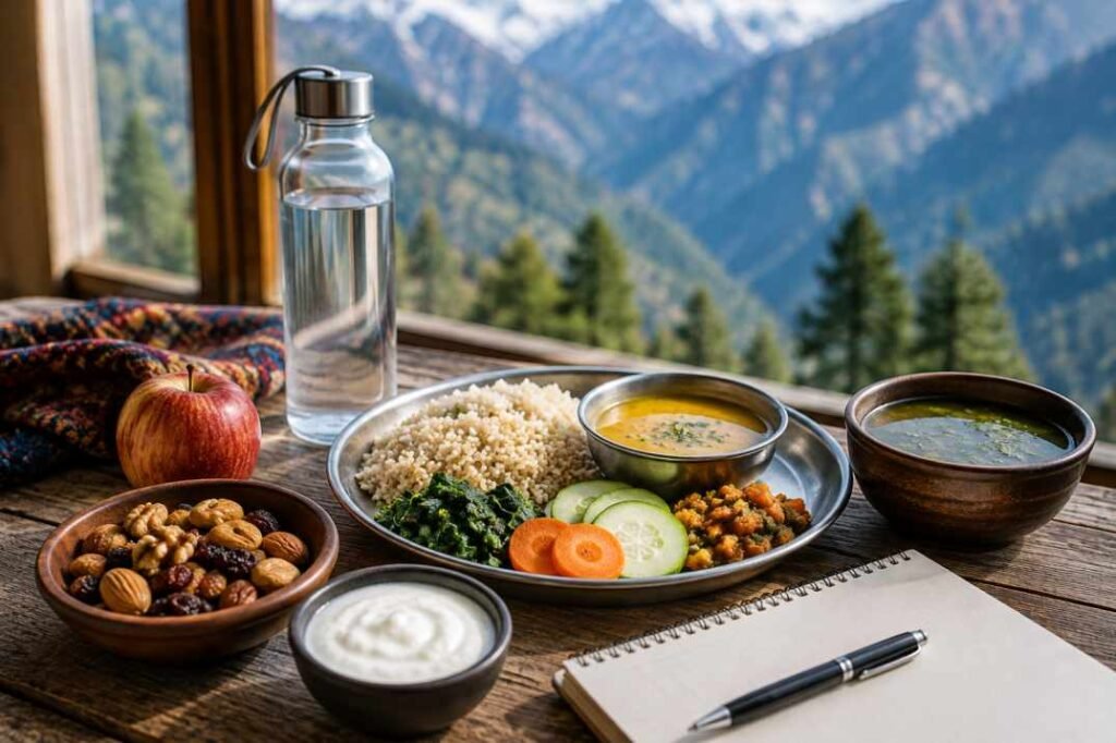 Healthy travel meal with water, dry fruits, soup, yogurt, fresh apple, and balanced food for practical eating tips in Himachal Pradesh.