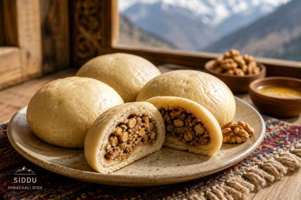 Siddu steamed wheat bread with walnuts, Himachali dish
