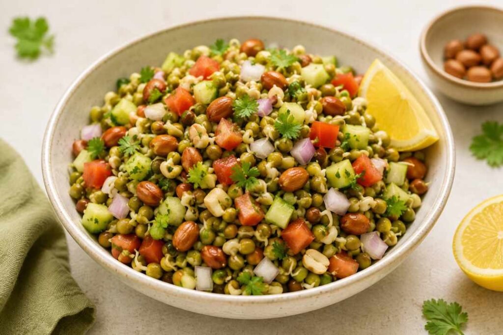 Sprouts salad with peanuts and lemon for a protein-rich Indian breakfast